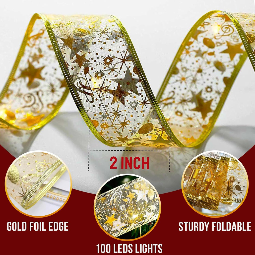 Gold foil Christmas ribbon lights with 2 inch width 100 LEDs and flexible wired edge