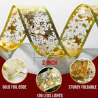 Gold foil Christmas ribbon lights with 2 inch width 100 LEDs and flexible wired edge