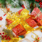 Gold Christmas ribbon fairy lights used for festive gift wrapping