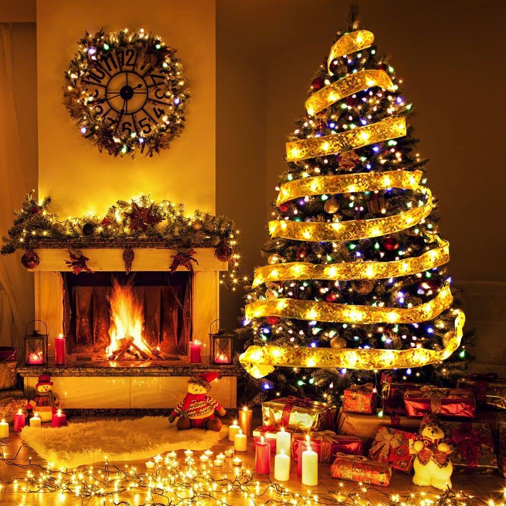 Warm white ribbon fairy lights decorating a Christmas living room