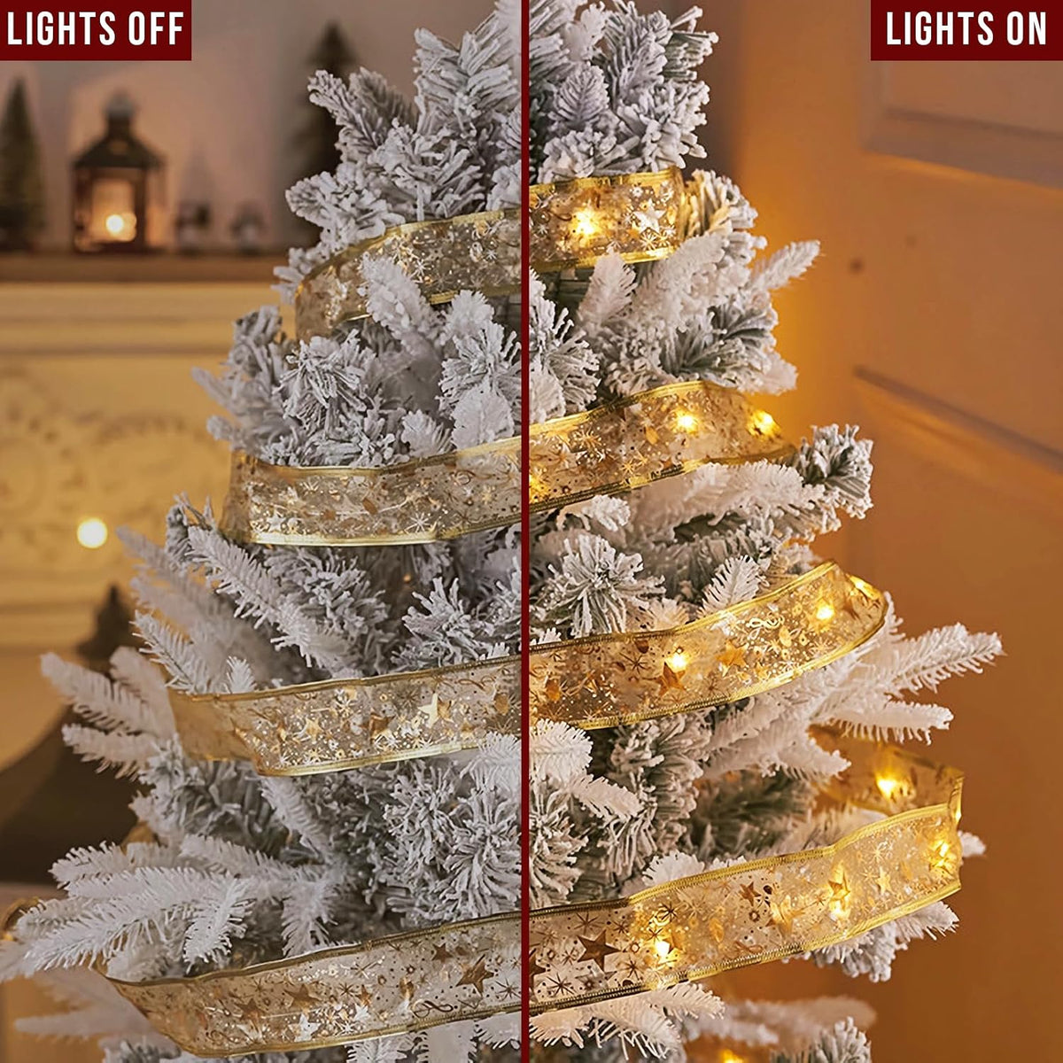 Warm white Christmas ribbon lights shown on and off around a Christmas tree