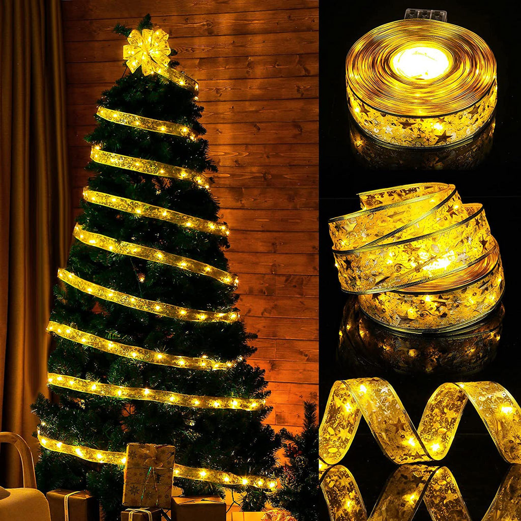Gold foil ribbon fairy light roll with warm white LEDs for Christmas tree decorating