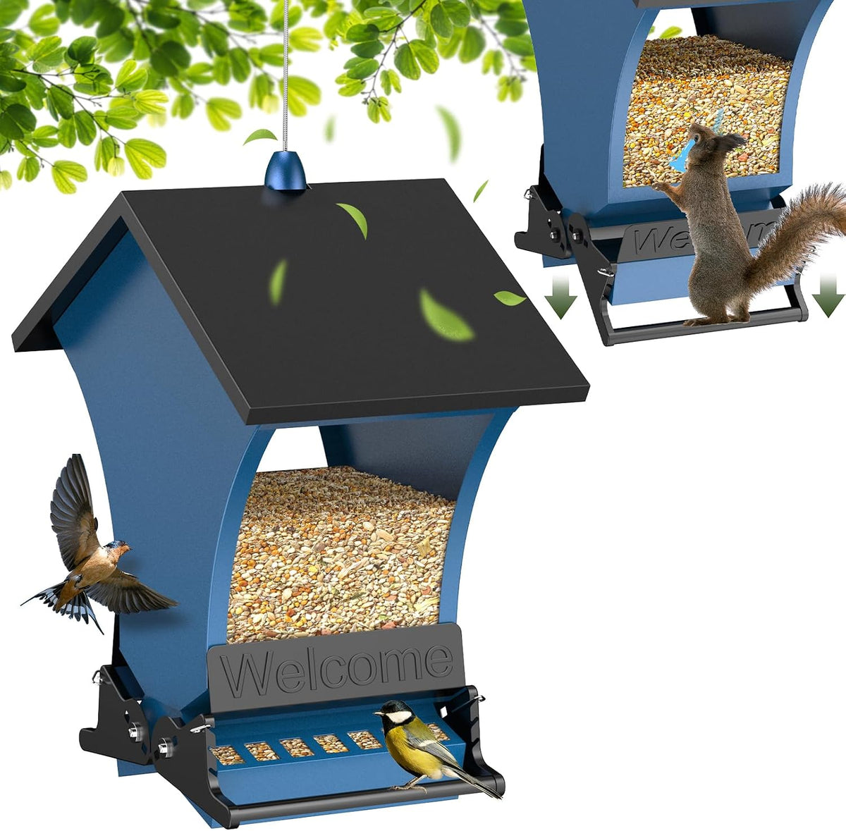 Pultio blue and black squirrel resistant hanging bird feeder for backyard wild birds