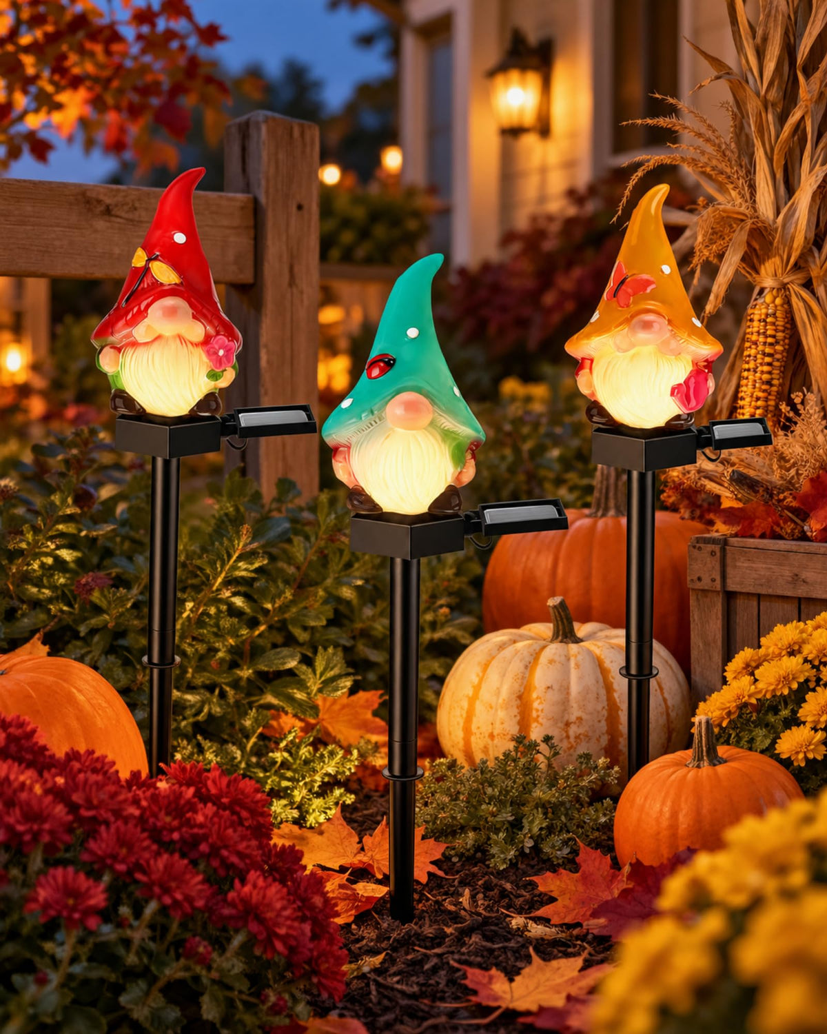 3 pack Thanksgiving gnome solar stake lights with red teal and orange hats