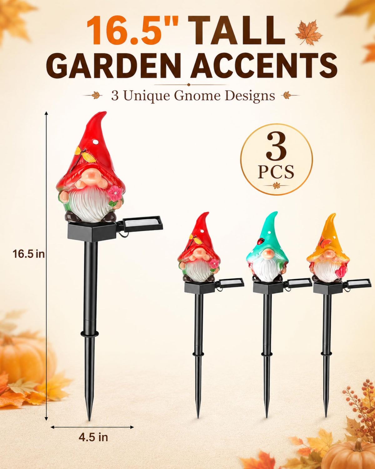 16.5 inch Thanksgiving gnome solar stake lights size guide for garden decor