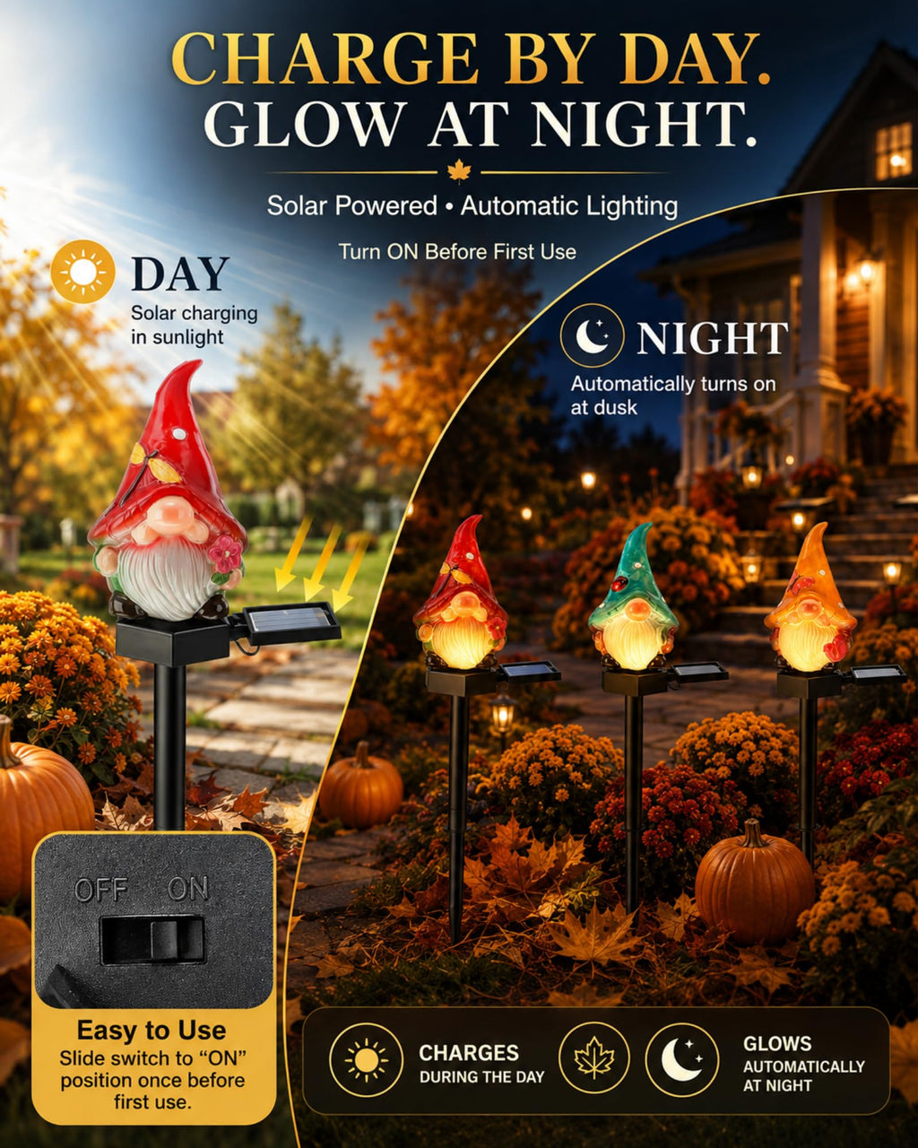 Solar powered Thanksgiving gnome stake lights charge by day and glow at night