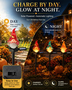 Solar powered Thanksgiving gnome stake lights charge by day and glow at night