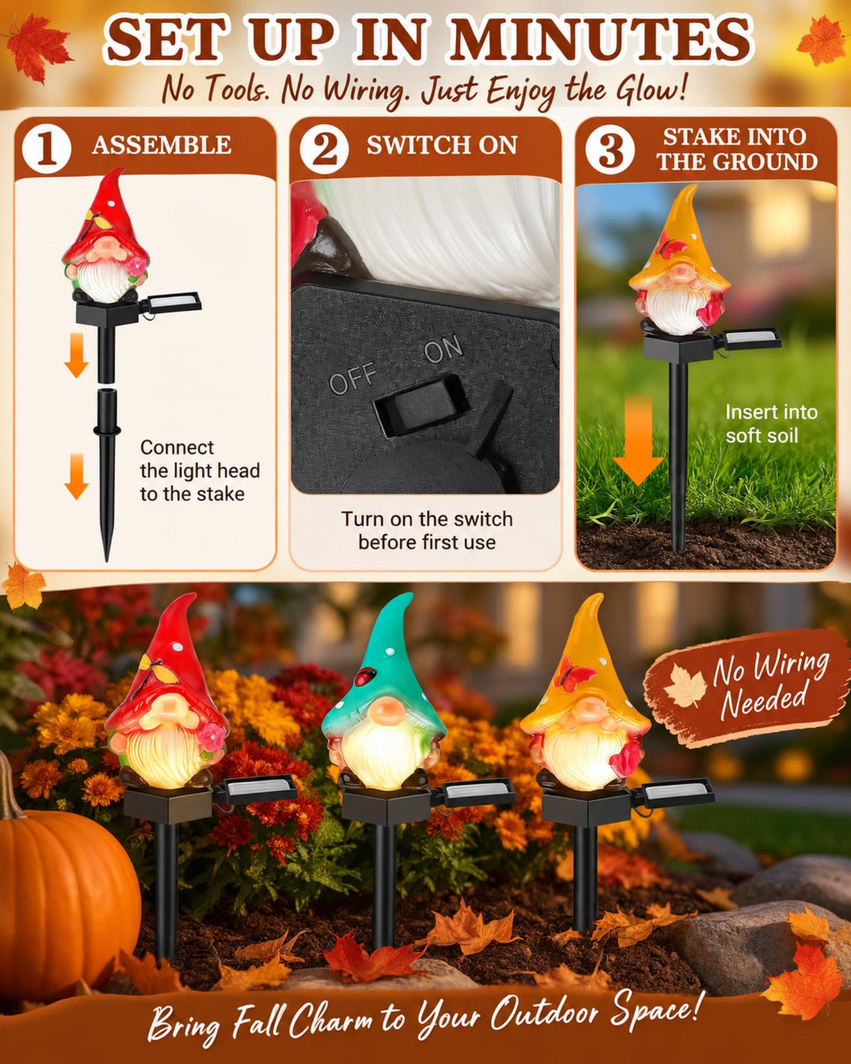 Easy installation steps for Thanksgiving gnome solar stake lights