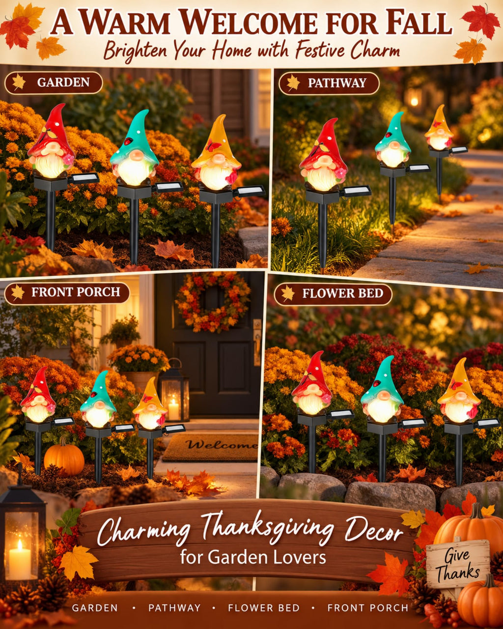 Thanksgiving gnome solar stake lights for garden pathway porch and flower bed