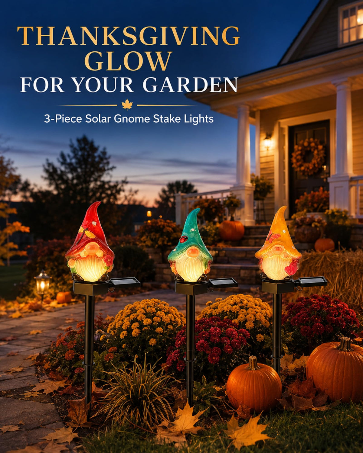 3 piece Thanksgiving gnome solar stake lights glowing in a fall front yard